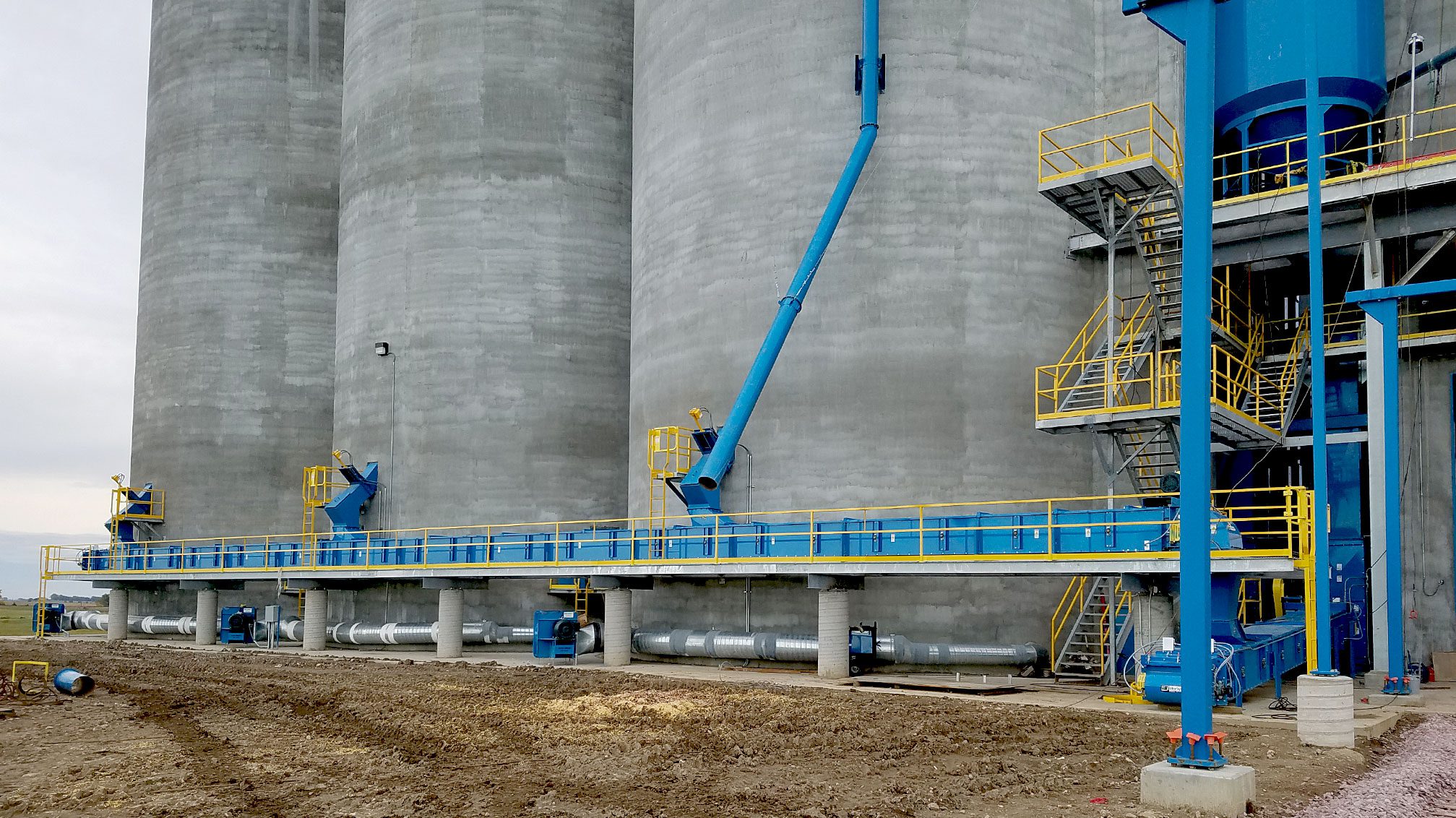 Industrial silos with blue metal structures